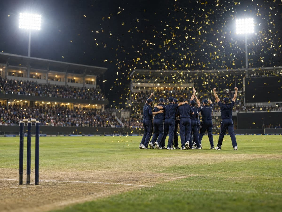A cricket team in navy kit celebrating together on the pitch under floodlights as gold confetti falls