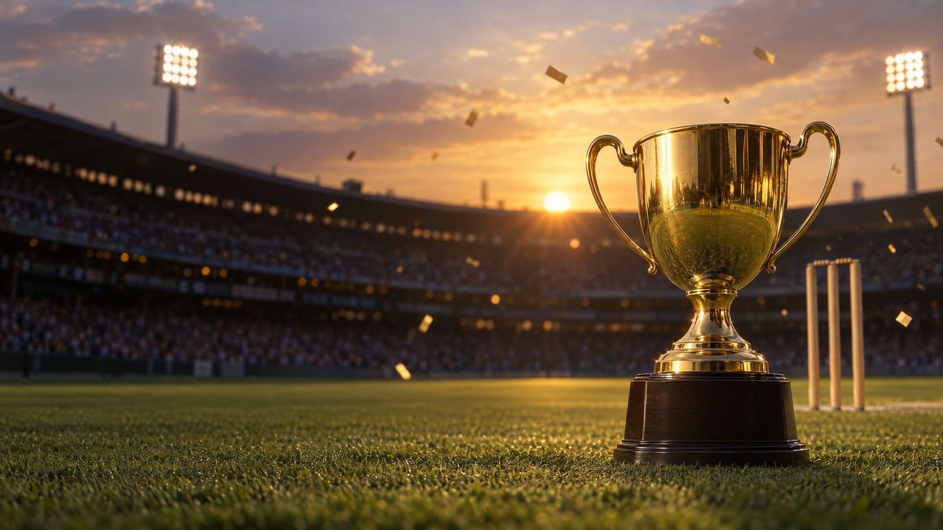 A polished gold two-handled trophy on a cricket outfield at sunset, with stumps and floodlit stands behind it