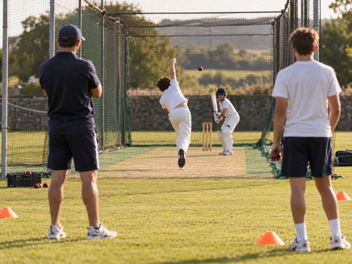 Young cricketers practising in outdoor nets on a sunny afternoon while a coach and a teammate watch