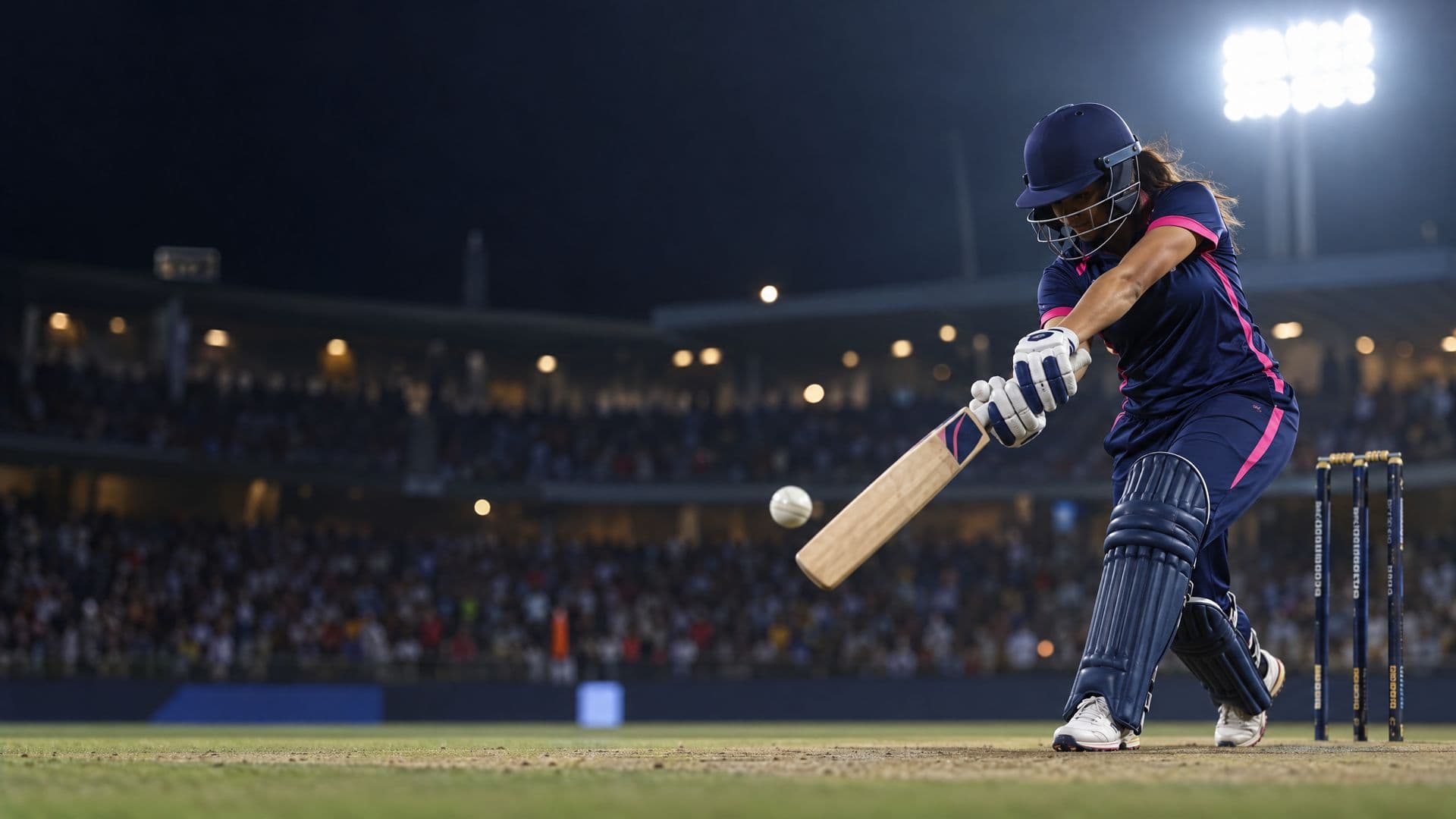 A women's cricketer in navy and pink kit playing a cover drive under floodlights, with the stumps behind her and a full stand