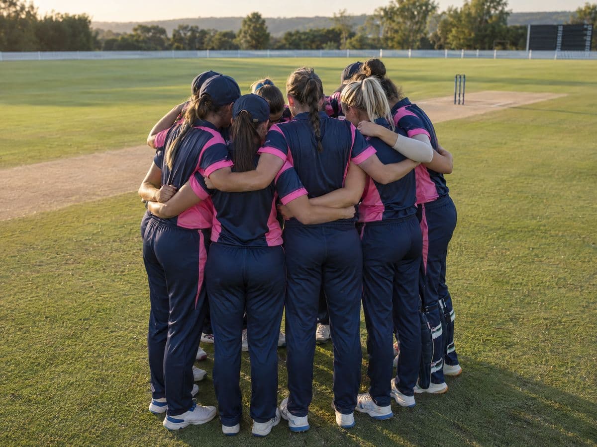 A women's cricket team in navy and pink kit in a huddle on the outfield, with the pitch and stumps behind them