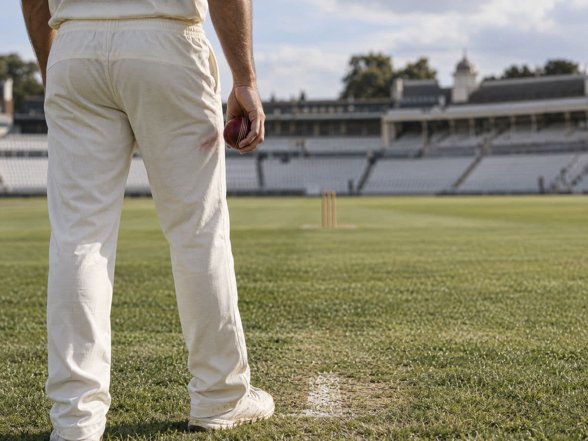 A cricketer in white clothing holding a red ball, with a polish mark on his trousers, at the top of his bowling run-up