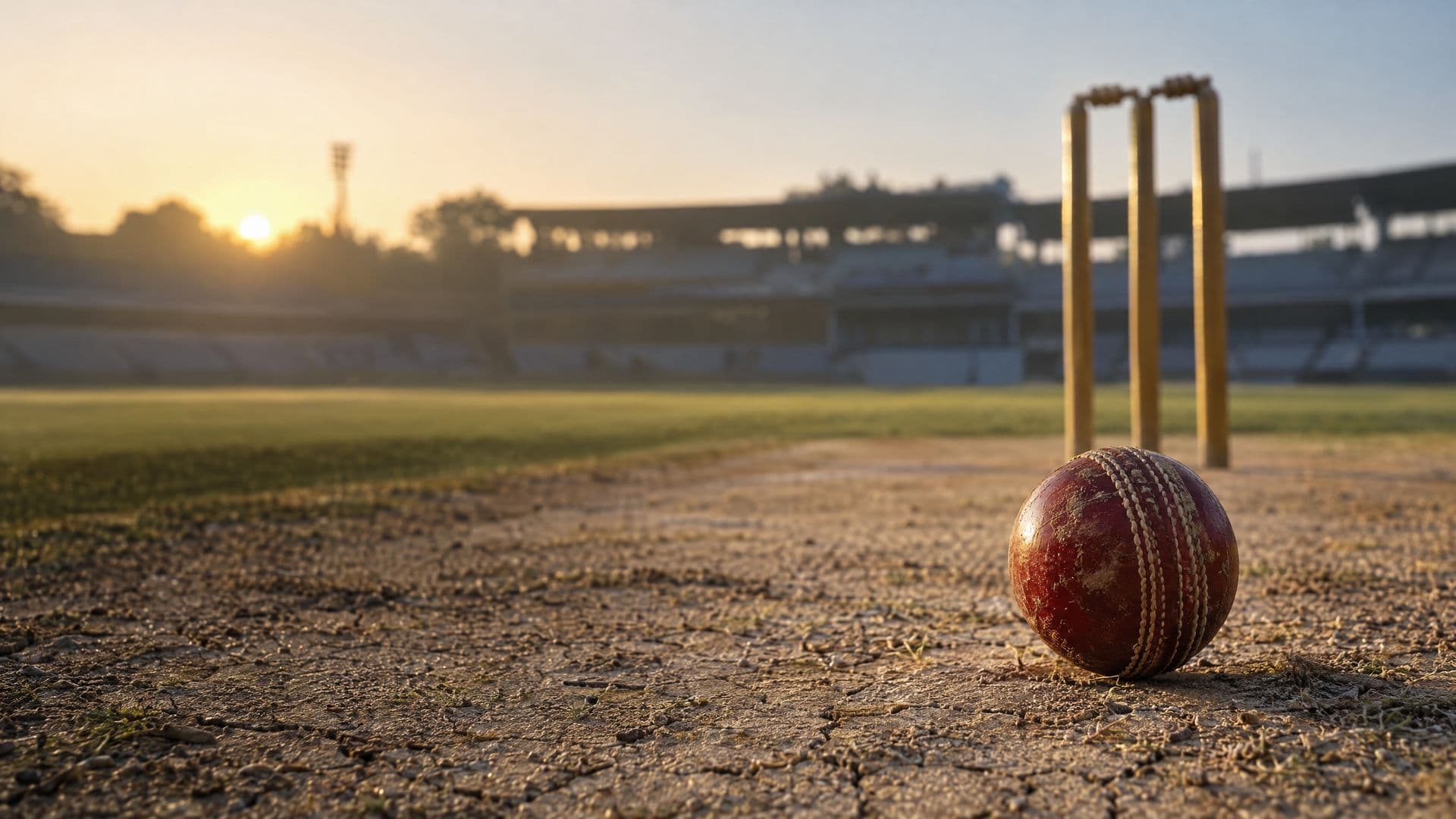 A worn red cricket ball on a dry, cracked Test match pitch in front of the stumps at sunrise