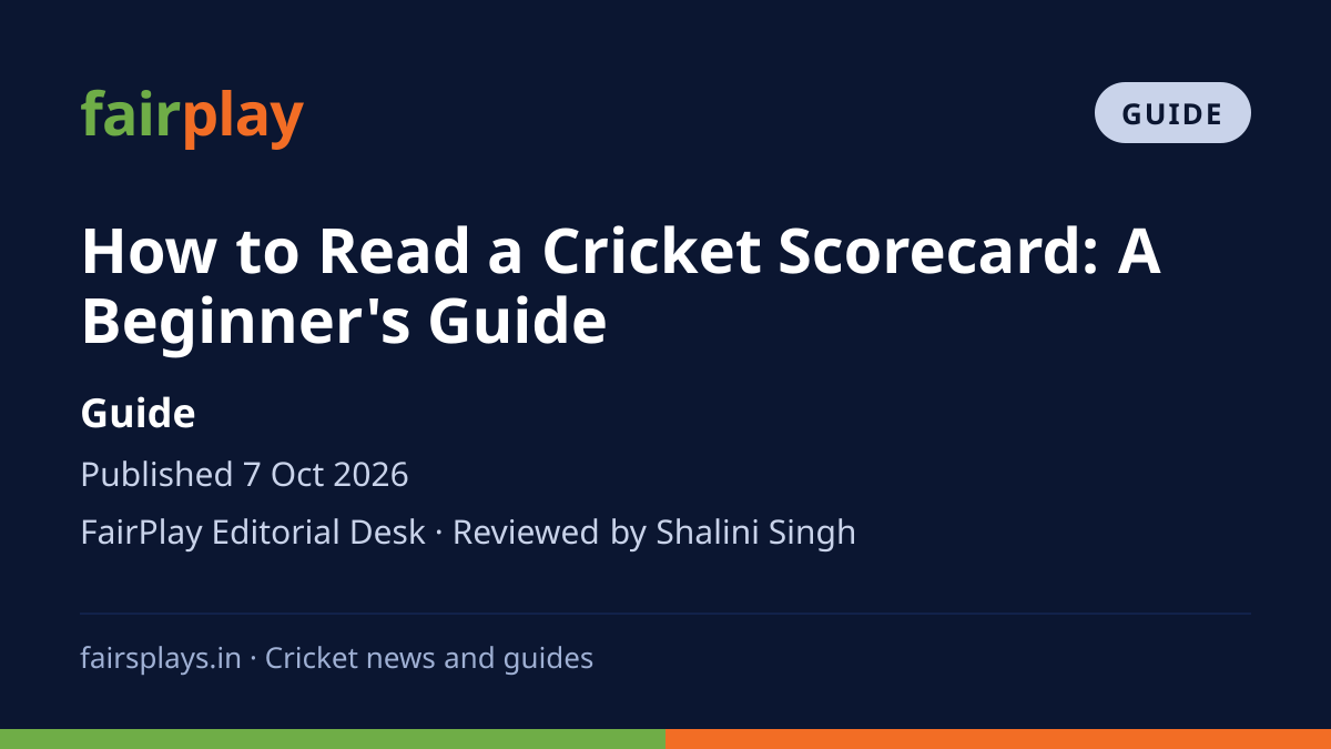 Guide: How to Read a Cricket Scorecard: A Beginner's Guide. Guide. Published 7 Oct 2026. FairPlay Editorial Desk · Reviewed by Shalini Singh
